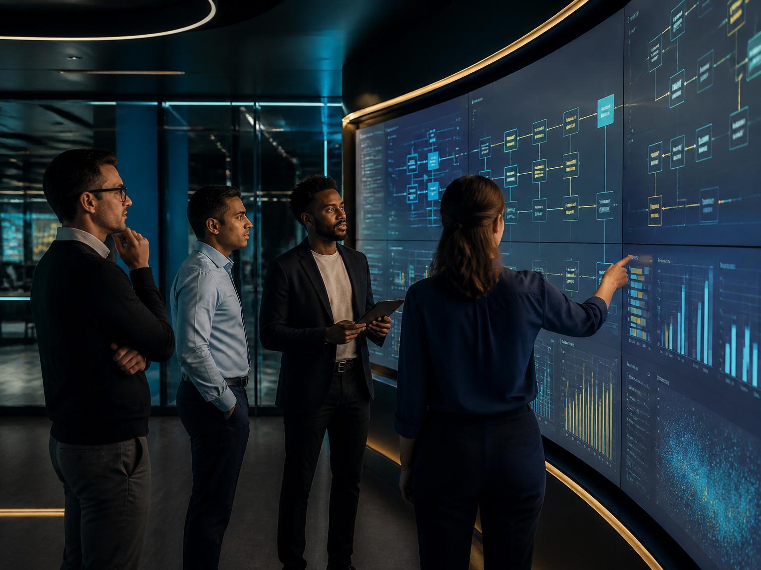 Enterprise technology architects collaborating around a ServiceNow workflow dashboard